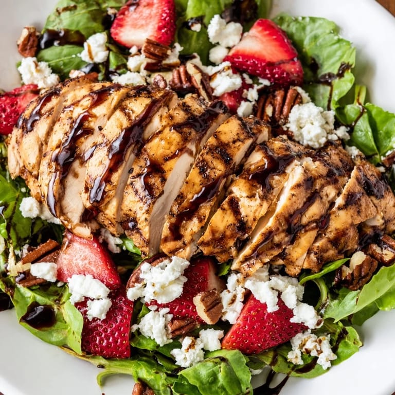 Juicy strawberry and tender chicken salad with creamy feta, crunchy pecans, and a rich balsamic drizzle over vibrant mixed greens.