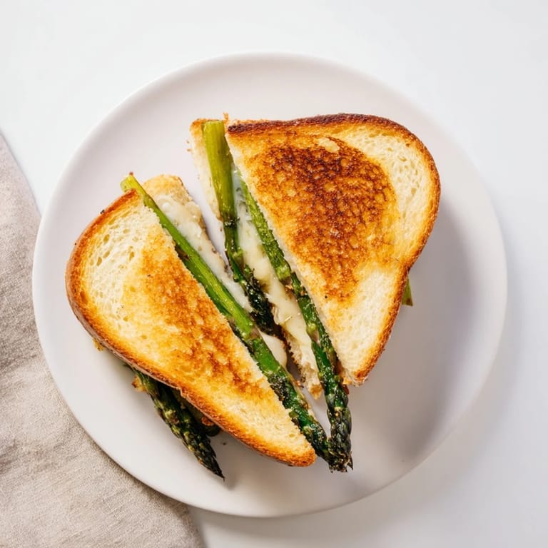 A close-up of the Asparagus & Brie Grilled Cheese shows melted cheese oozing from crispy bread and grilled green asparagus stalks.