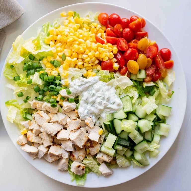 Ranch Chicken Chopped Salad tossed in creamy Greek yogurt dressing, with corn kernels and shredded cheddar glistening in natural light.