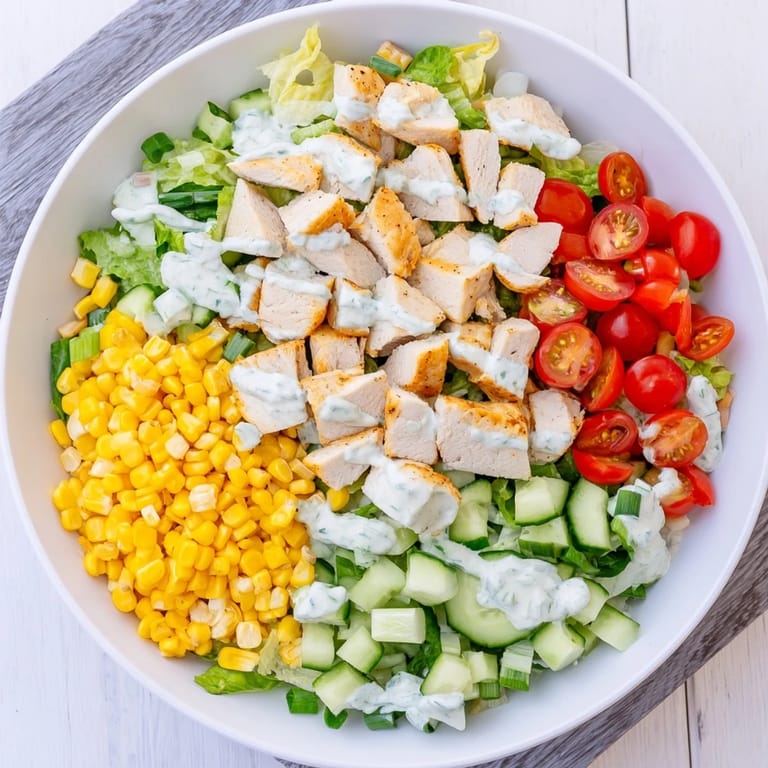 A hearty serving of Ranch Chicken Chopped Salad with diced cucumbers and red onion, ready for a quick weeknight dinner.