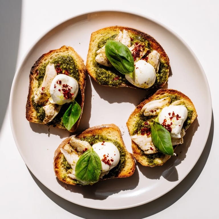 A vibrant plate of Pesto Chicken Burrata Toast features warm chicken, melted burrata, and aromatic basil pesto on a crisp sourdough base.