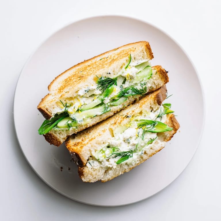A close-up of a warm, melty Whipped Feta Spring Grilled Cheese on a rustic plate, garnished with dill and lemon zest.