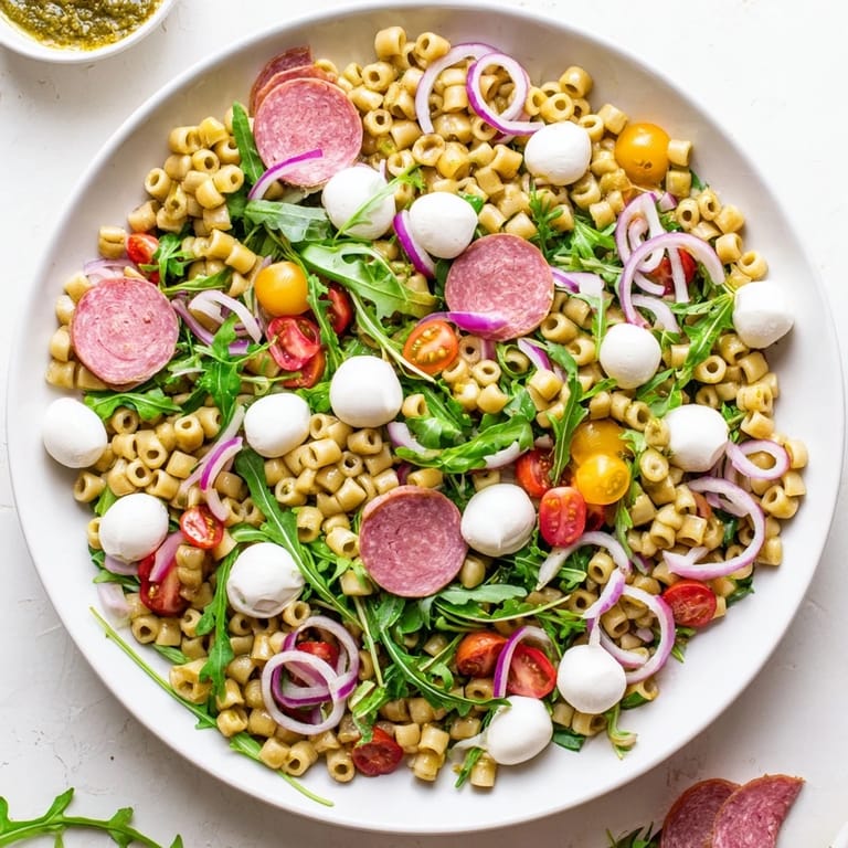 Spring Antipasto Pasta Salad featuring salami, pickled vegetables, and cherry tomatoes tossed in a zesty dressing.