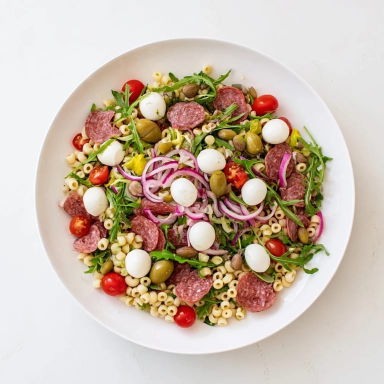 Spring Antipasto Pasta Salad served chilled for a spring gathering, mingling savory salami with tangy pickled crunch.