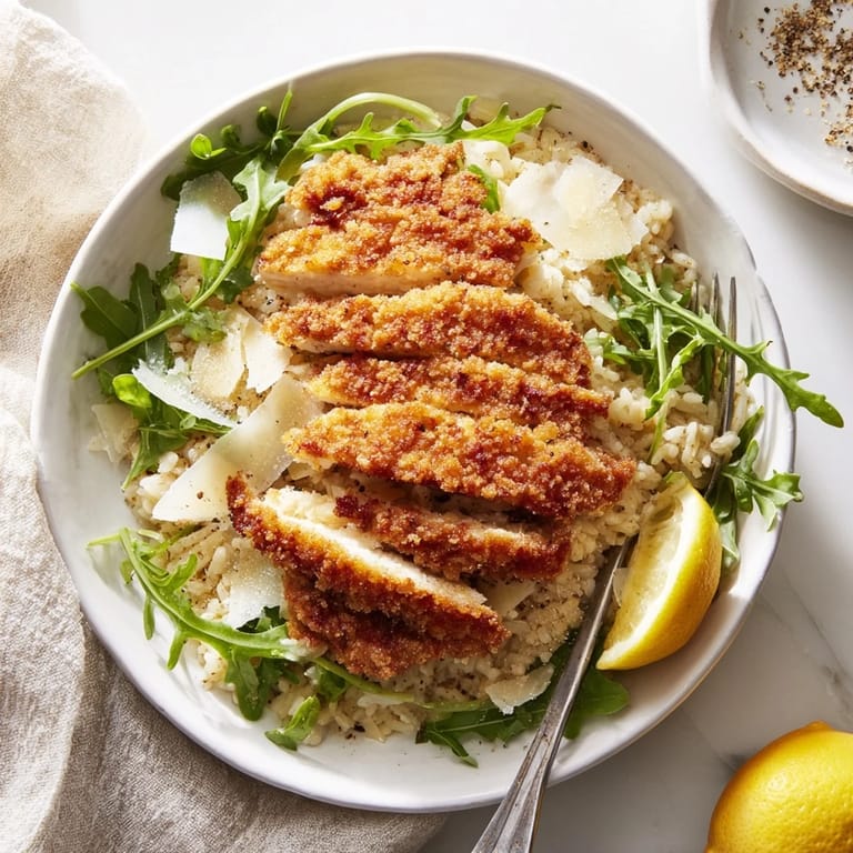 Crispy Parmesan Chicken Cutlet Bowl features golden, crunchy chicken strips layered over warm rice and fresh greens, garnished with lemon.