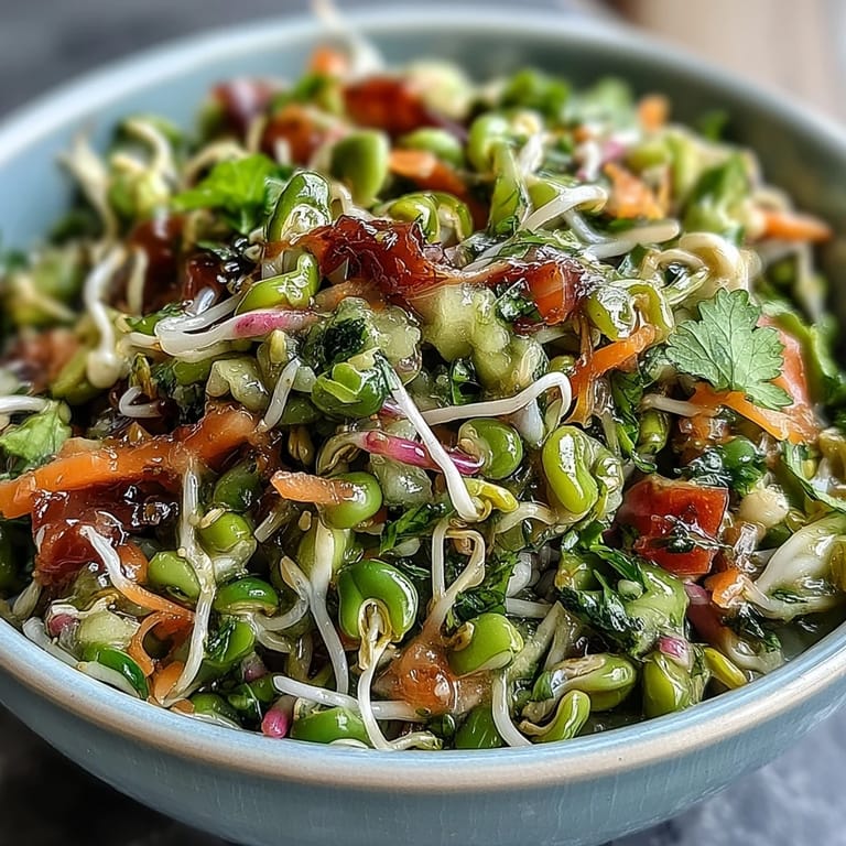 A fresh bowl of Sprouted Seed Salad featuring crunchy radish sprouts, cucumber, and red onion, ready to serve as a healthy vegan side.