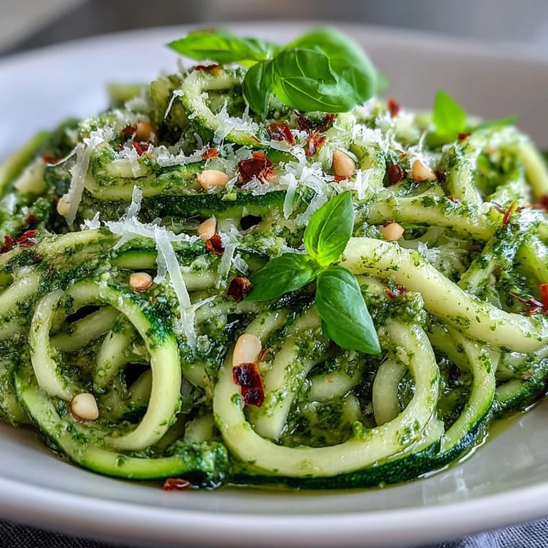 Freshly spiralized zucchini noodles tossed in vibrant pesto, topped with Parmesan and red pepper flakes.