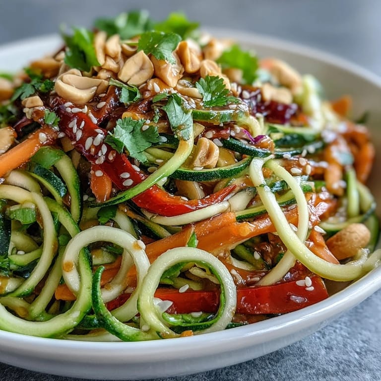 Close-up of Raw Vegetable Noodle Salad, green onions and cilantro garnish the crunchy, vibrant vegetables.