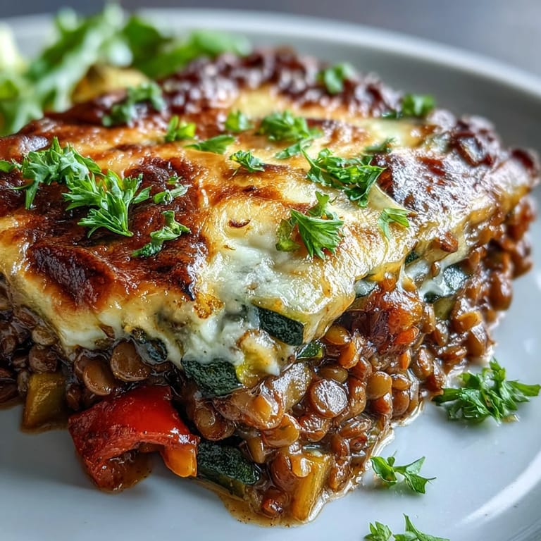 Green Lentil and Vegetable Casserole served in a white dish alongside crusty bread and a green salad.