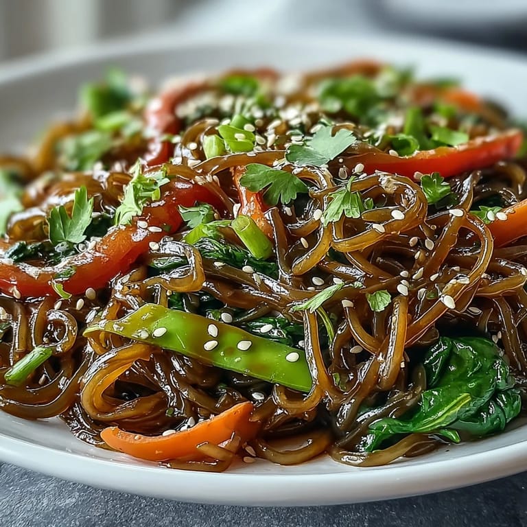 Vibrant plate of kelp noodle stir-fry with sesame seeds and fresh cilantro, served with lime wedges.