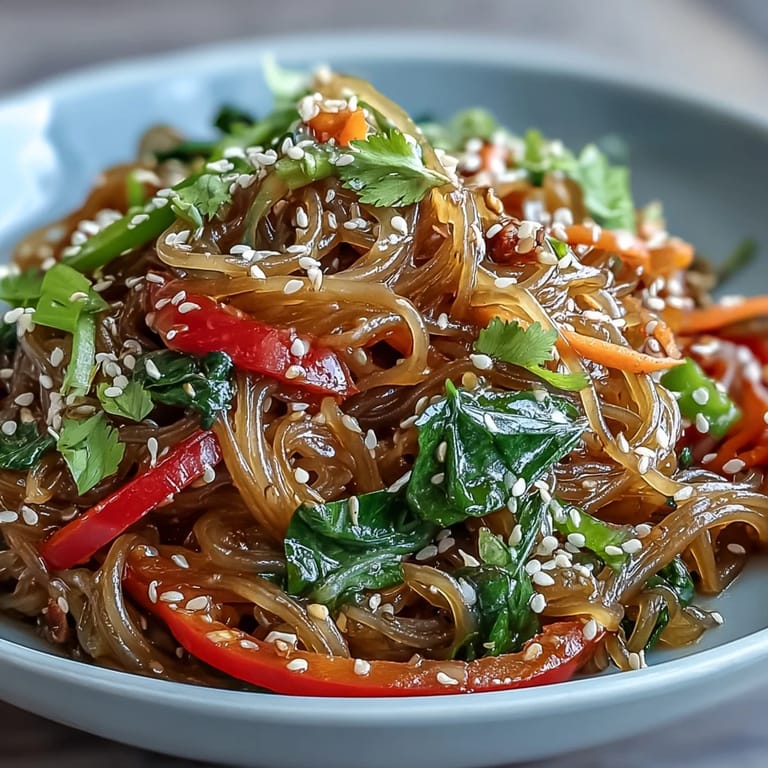 Quick kelp noodle stir-fry in a skillet, blending crunchy snap peas, carrots, and spinach in a savory sauce.