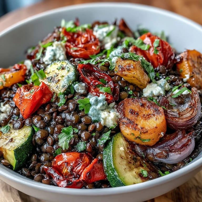 Steaming Black Lentil Salad with Roasted Vegetables, featuring caramelized bell peppers and zucchini ready for a hearty Mediterranean lunch.
