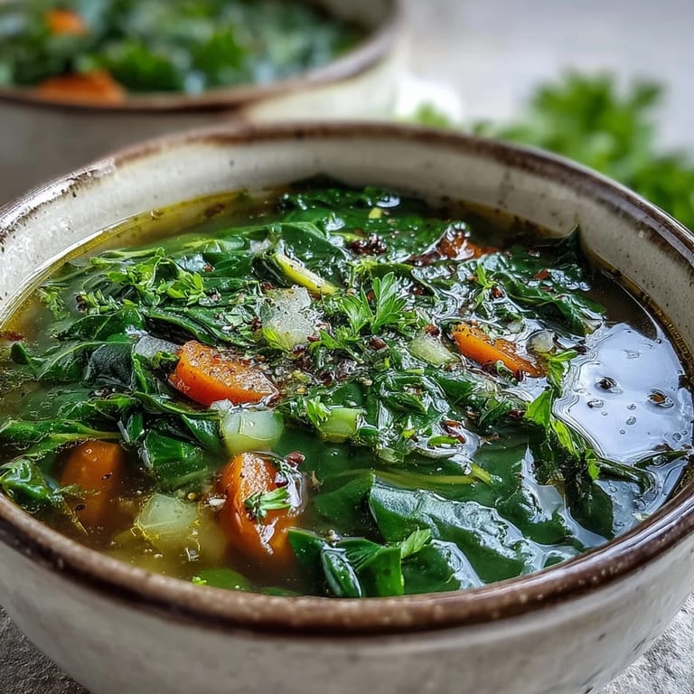Swiss Chard Soup served hot in a white bowl, showing tender green chard leaves and diced carrots in a light broth.  