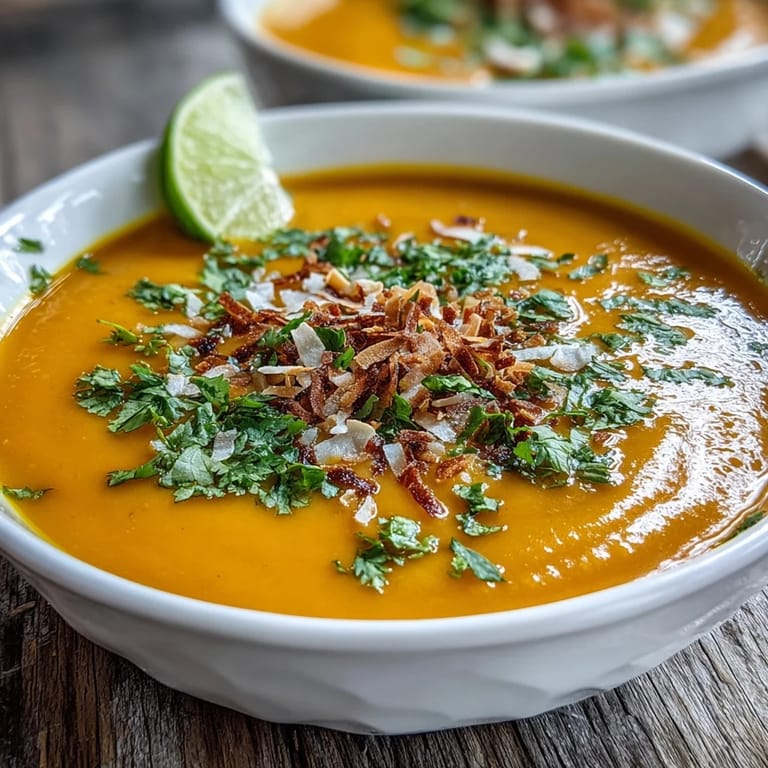 Steaming Carrot and Coconut Soup in a rustic bowl, topped with cilantro and a lime wedge for brightness.