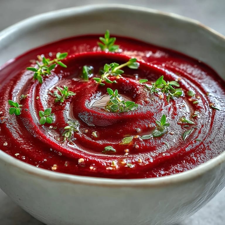 An overhead view of roasted beet soup, topped with a sprinkle of chives and a drizzle of olive oil.
