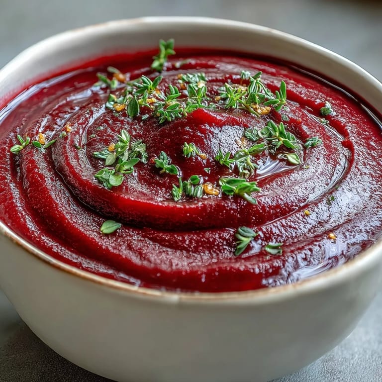 A bowl of velvety roasted beet soup with a creamy texture, served alongside crusty artisan bread for dipping.