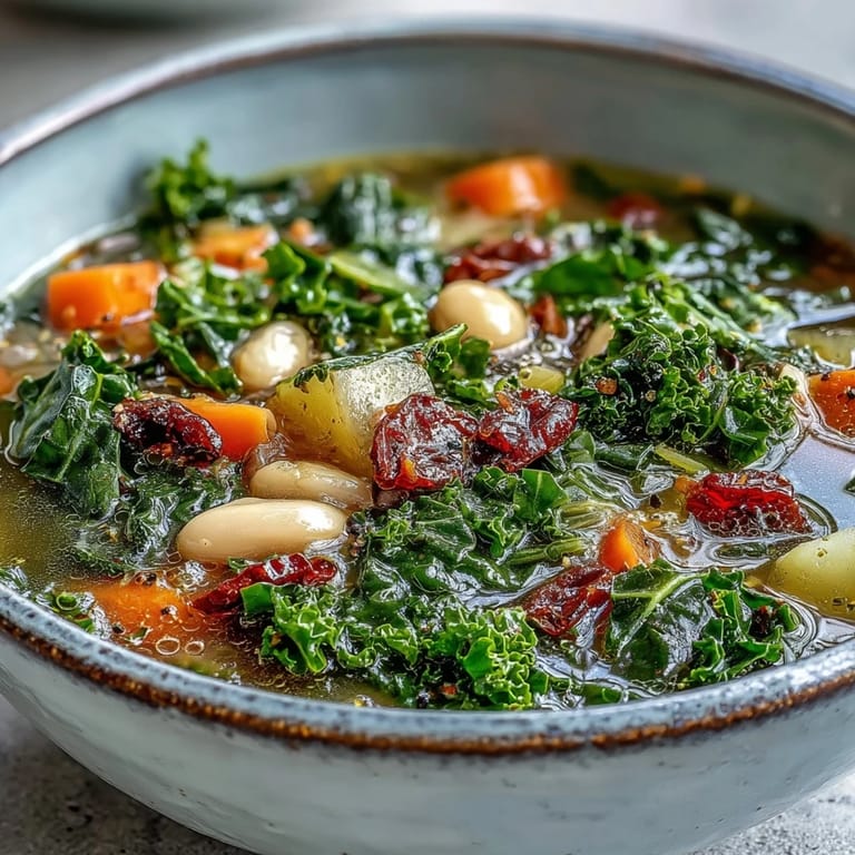 Overhead view of homemade Kale Soup garnished with fresh thyme, served alongside a slice of crusty gluten-free bread.