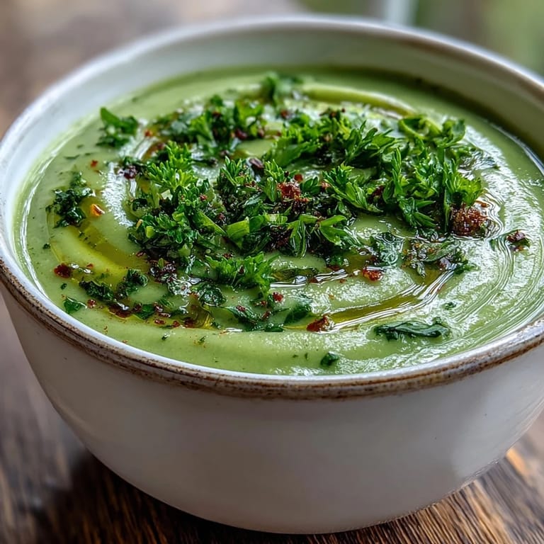 Smooth Zucchini Soup in a rustic bowl, topped with fresh herbs and cracked black pepper.