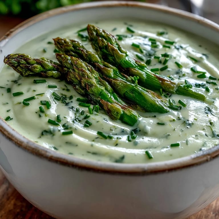 Steaming bowl of homemade asparagus soup, paired with crusty bread and a sprinkle of fresh herbs.