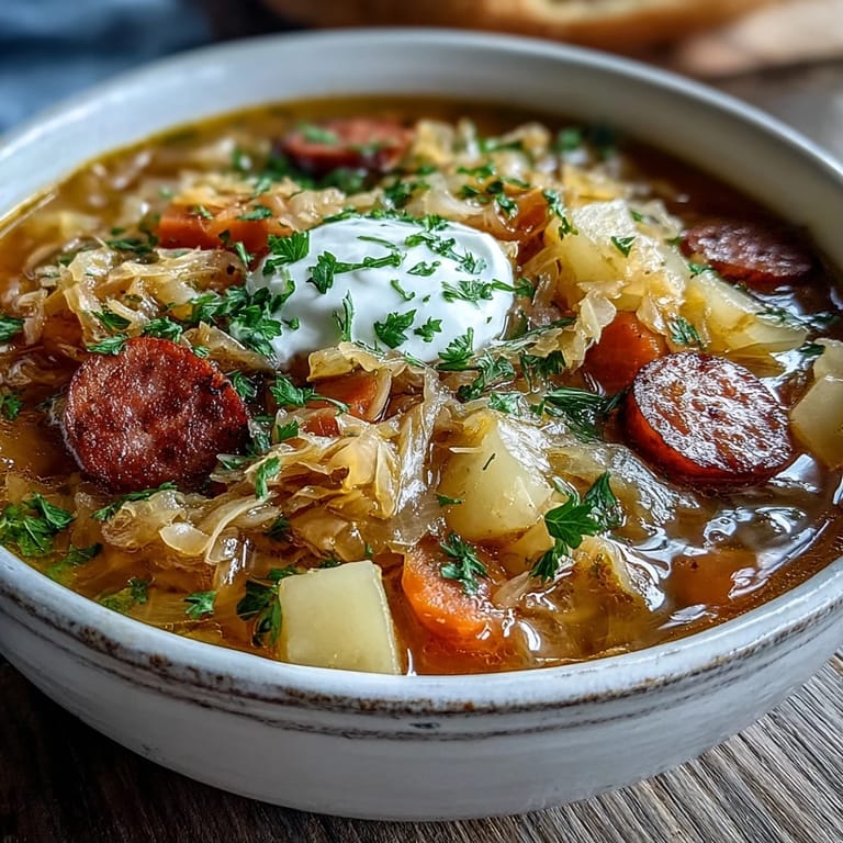 Hearty Sauerkraut Soup served in a rustic bowl with smoky sausage and tender vegetables.  