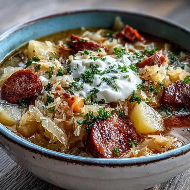 Warm Sauerkraut Soup simmered with caraway seeds, ready to enjoy with crusty bread.