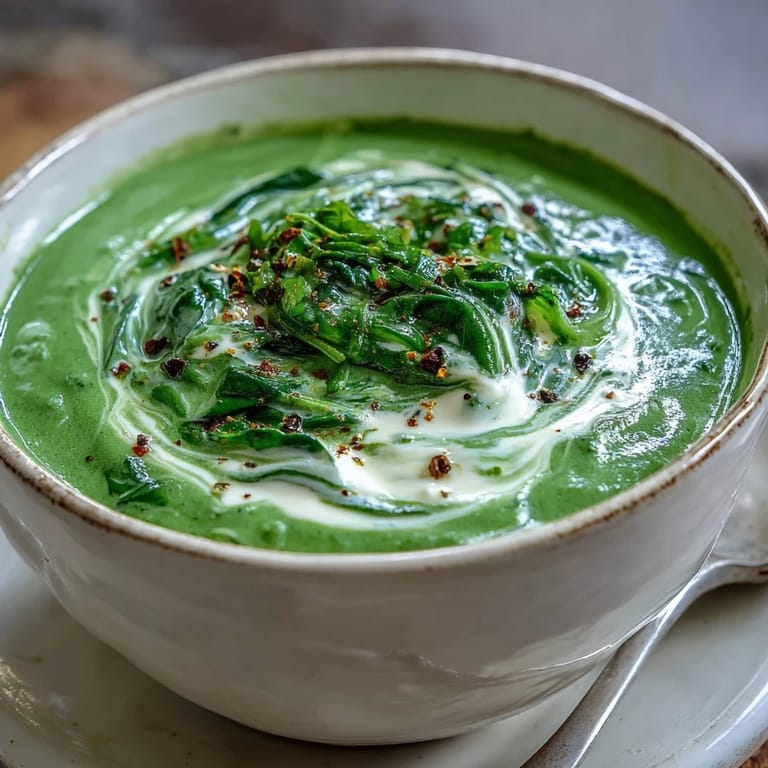 Easy homemade Spinach Soup ladle-ready, steaming gently with visible spinach flecks, perfect for a light vegetarian dinner or appetizer.