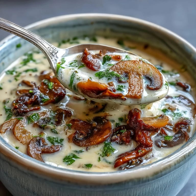 Rich, creamy mushroom soup in a rustic bowl, ready to enjoy on a chilly evening.