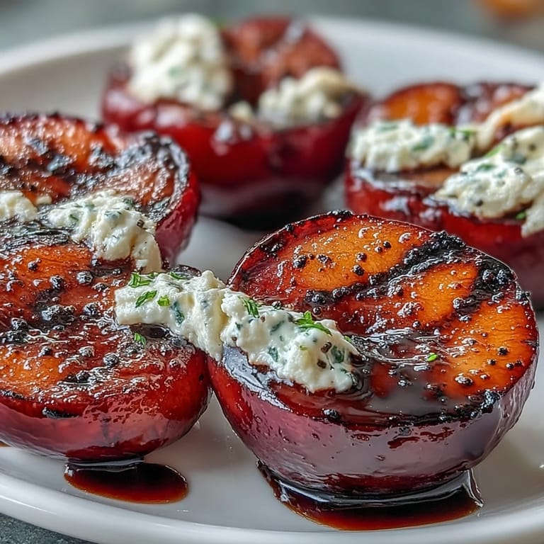 Perfectly caramelized Balsamic-Goat Cheese Grilled Plums garnished with fresh mint and black pepper for serving.  