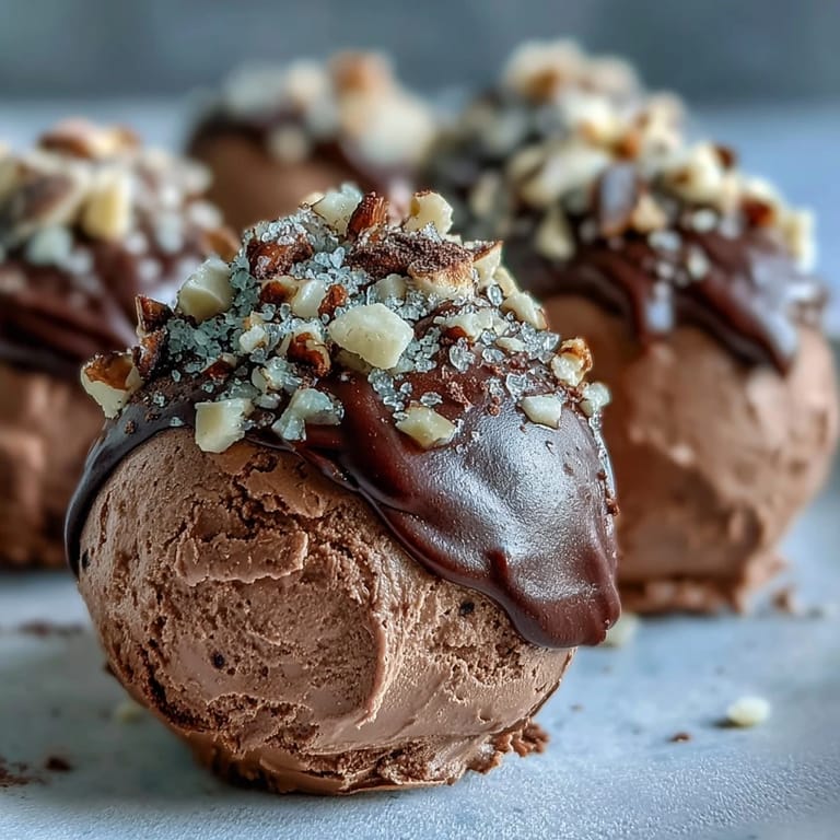 Decadent chocolate truffles coated in chopped nuts, resting on a marble surface, offering a gluten-free dessert bite.