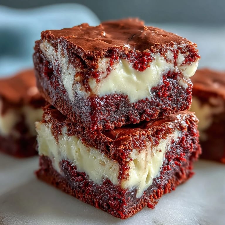 Slice of Red Velvet Cheesecake Brownie revealing moist cocoa layers and velvety cheesecake on a marble slab.  