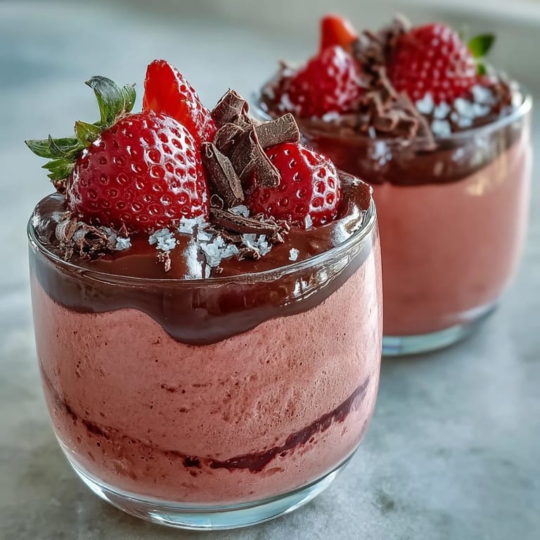 Glossy spoon diving into Chocolate-Covered Strawberry Mousse, revealing fluffy strawberry mousse beneath a dark, decadent chocolate layer.