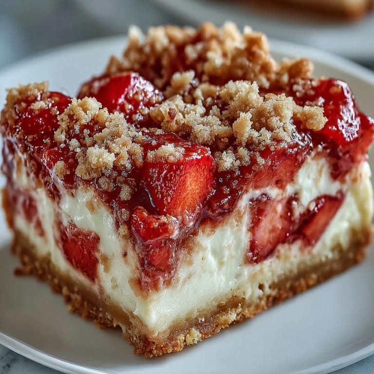 Chilled Strawberry Cheesecake Bars on a plate, garnished with a dollop of whipped cream.
