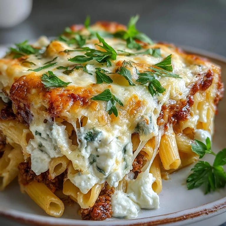 Close-up of Cottage Cheese Protein Pasta Bake with Ground Beef, revealing tender penne, ground beef, and melted mozzarella topping.