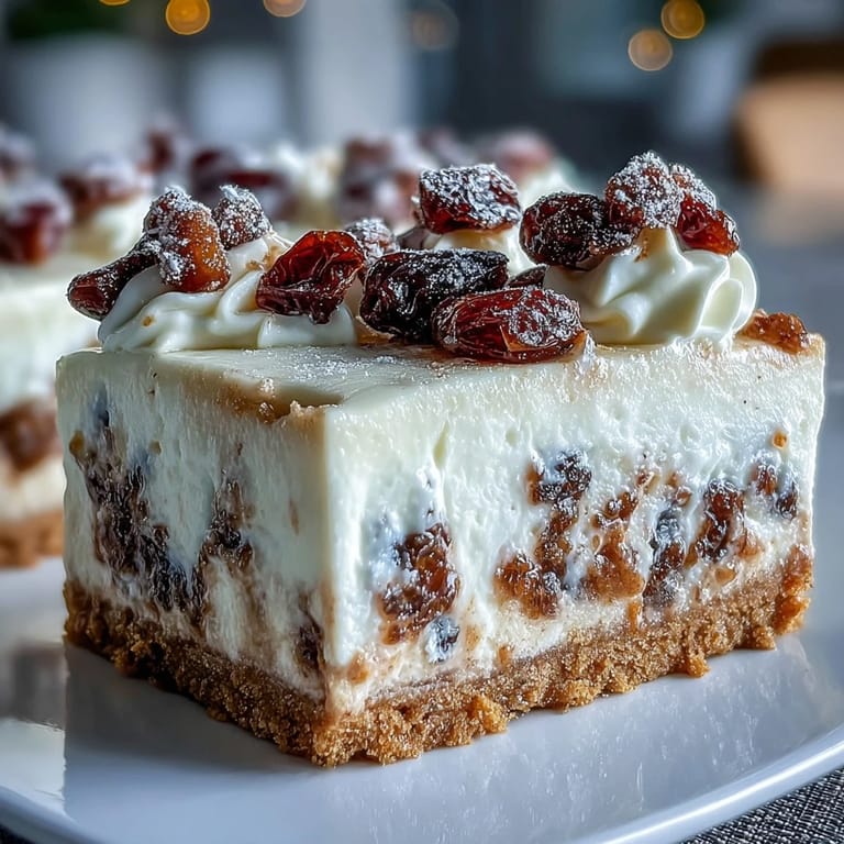A plated slice of Christmas Cheesecake Slab topped with whipped cream, dried fruits, and powdered sugar near festive lights.