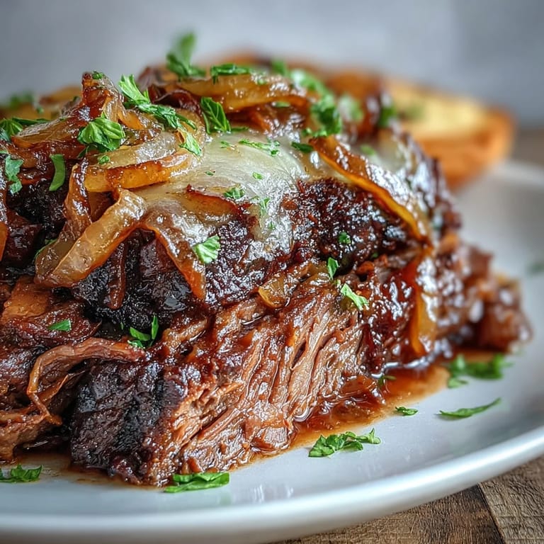 Rich beef juices and caramelized onions mingle in this Savory Crock Pot French Onion Pot Roast served over creamy mashed potatoes.