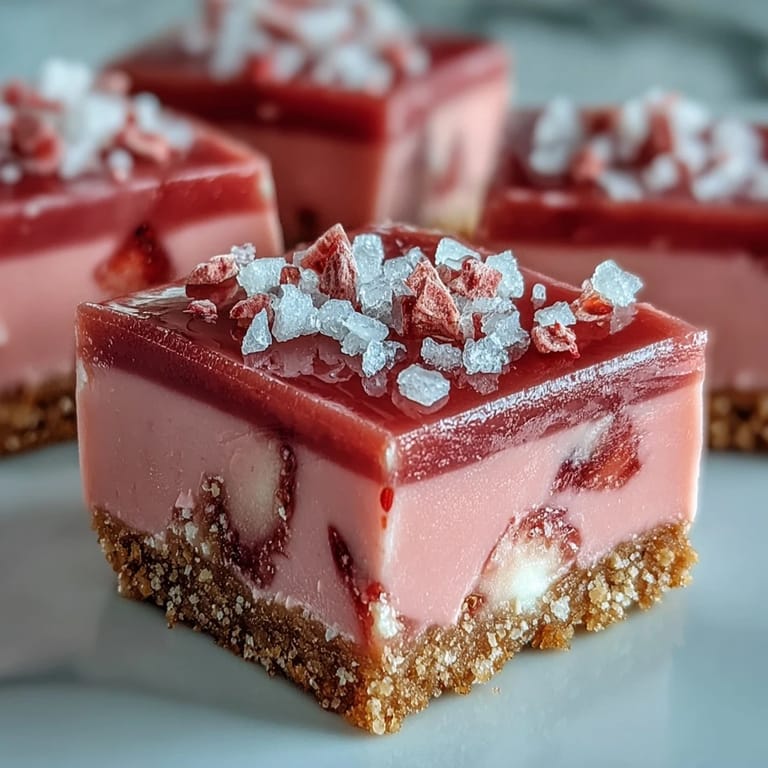 A close-up of No-Bake Strawberry Fudge Squares revealing a creamy white chocolate texture and crunchy graham cracker crust base.