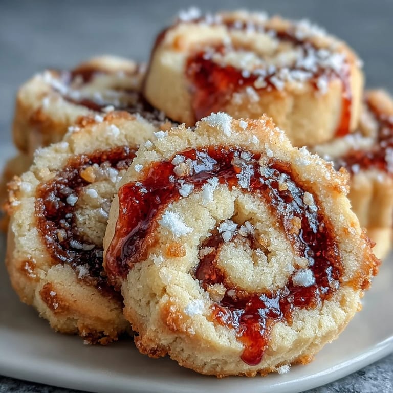 A close-up of Raspberry Swirl Shortbread Cookies reveals the tender crumb and a sweet, tangy raspberry filling swirl.
