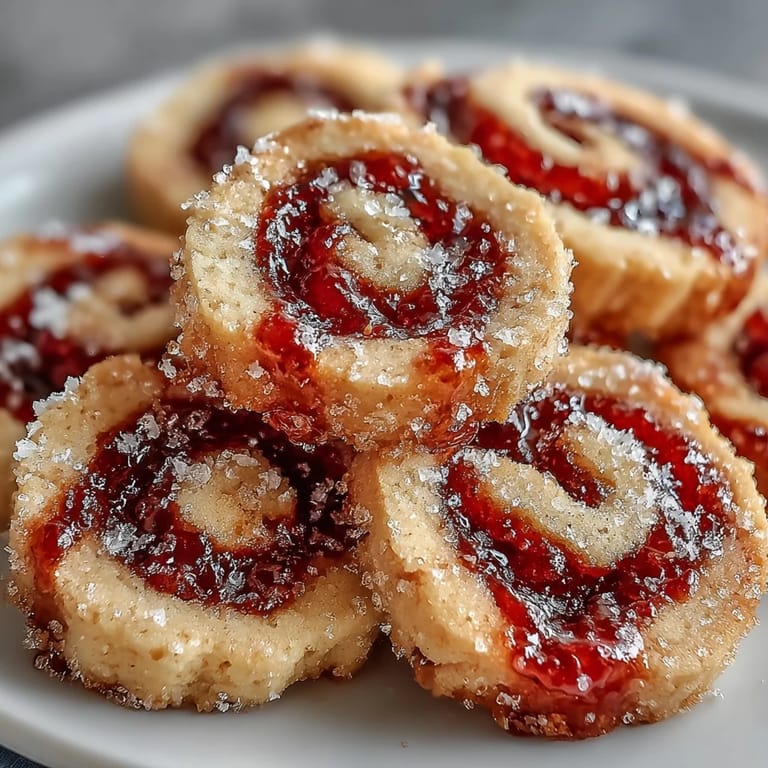 Homemade Raspberry Swirl Shortbread Cookies are plated with tea, showcasing the crisp shortbread and bright jam center.