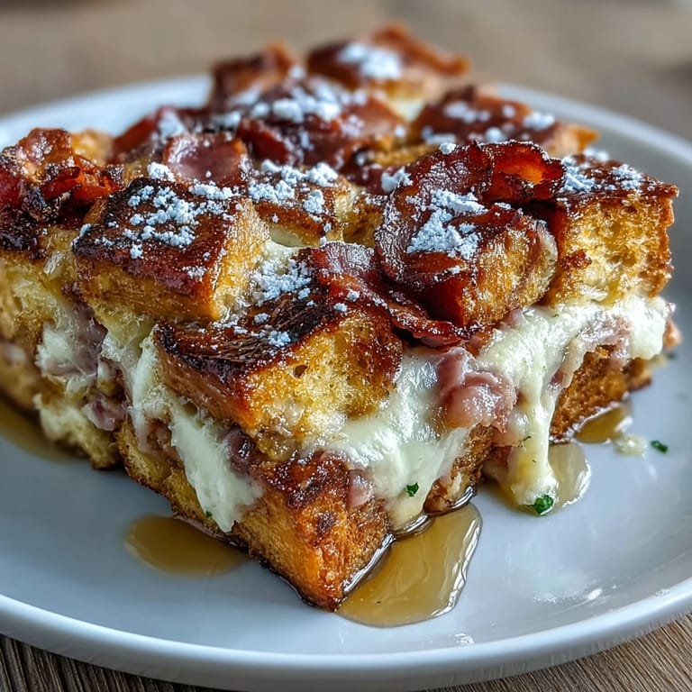 Hearty slices of Monte Cristo Breakfast Casserole plated with fresh berries, showcasing layers of ham, turkey, and Swiss cheese.