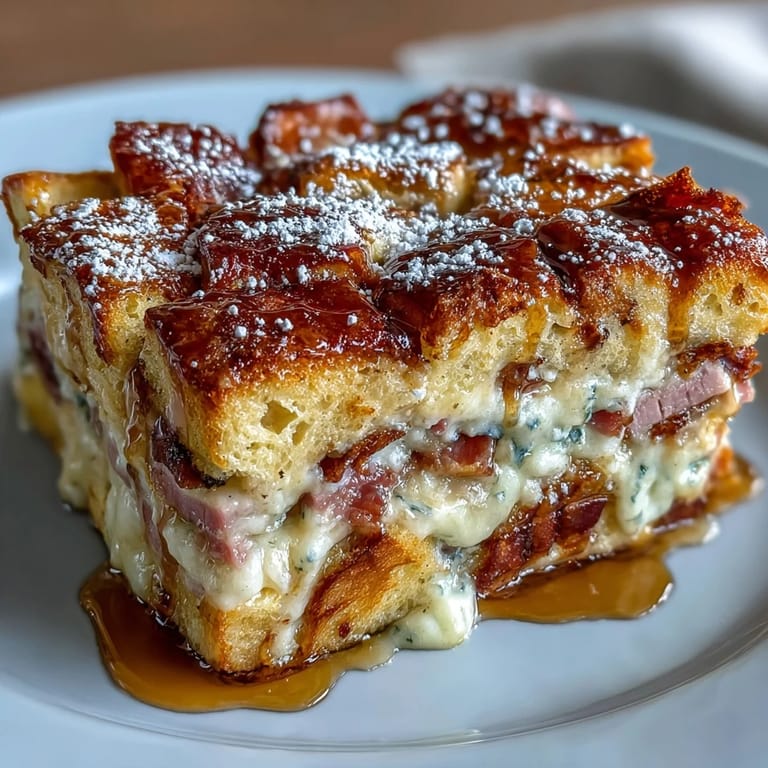 Close-up view of a baked Monte Cristo Breakfast Casserole with a fluffy, custard-soaked interior and melted cheese topping.