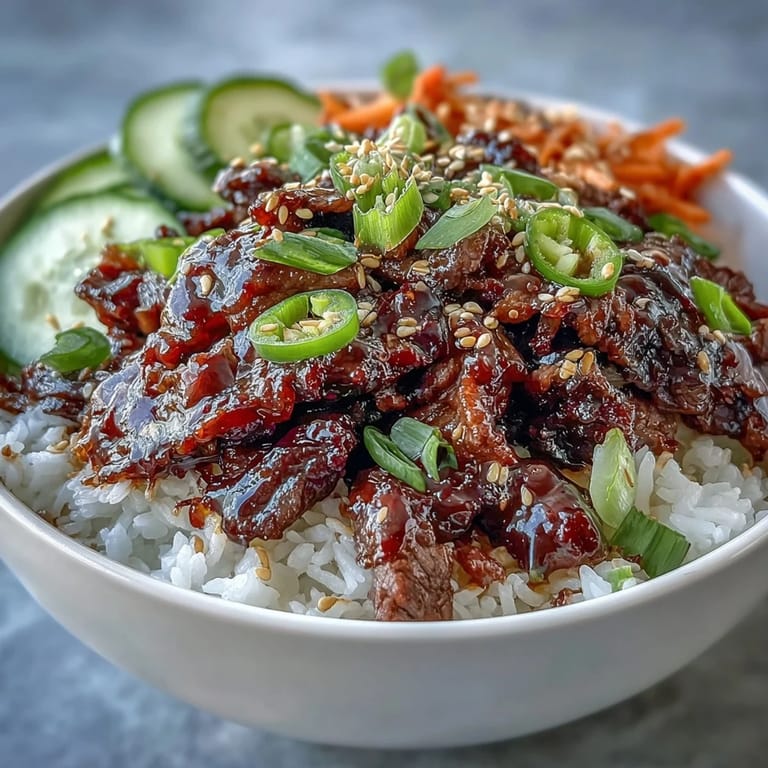 Korean Beef Power Bowl garnished with green onions and sesame seeds, drizzled with creamy sriracha mayo for a balanced meal.