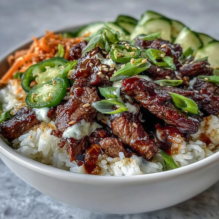 Close-up of a Korean Beef Power Bowl showing tender beef, crisp veggies, and tangy pickled carrots over steamed rice.