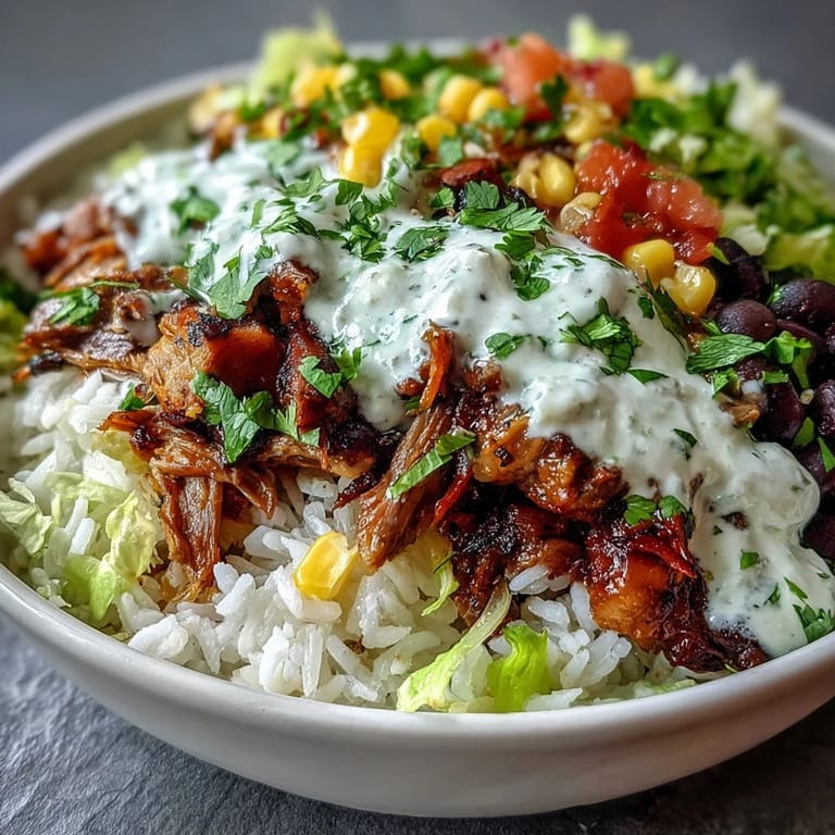 A close-up of a hearty Carnitas Burrito Bowl shows tender pork, fluffy rice, black beans, and corn, garnished with fresh cilantro and lime wedges.  