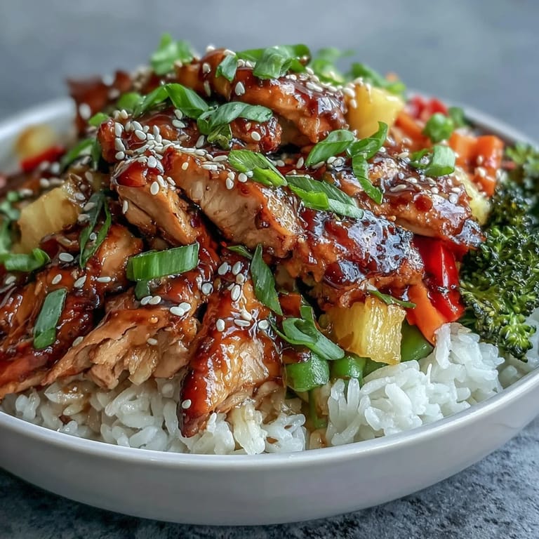 Fluffy steamed rice and glazed teriyaki chicken served in a white bowl with vibrant vegetables.