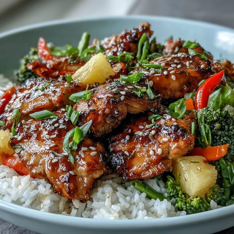 Homemade Japanese-American teriyaki chicken and rice bowl with crisp broccoli, carrots, and sesame seeds.