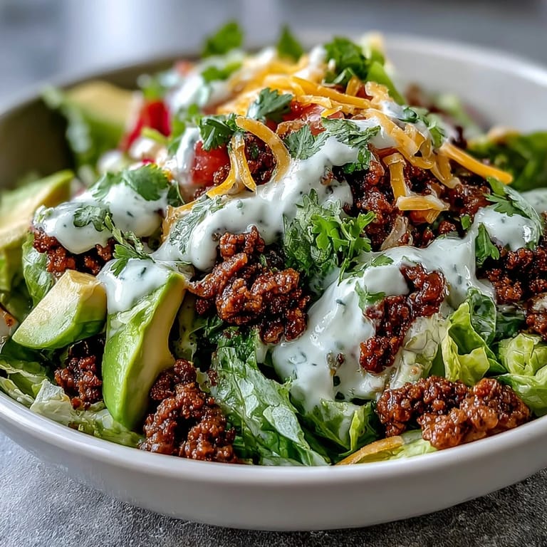 Close-up view of a Healthy Taco Bowl featuring savory beef, diced tomatoes, sliced radishes, cilantro, and creamy avocado on romaine lettuce.