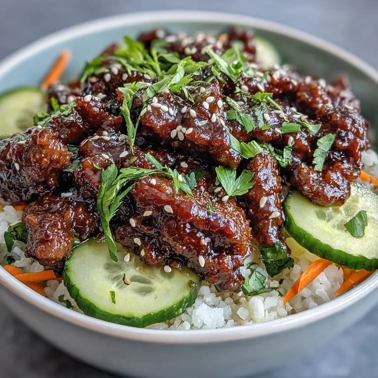 Spicy Easy Korean Beef Bowl with sesame seeds, fresh chili, and kimchi alongside steaming cauliflower rice.