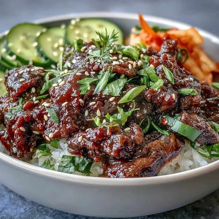 Savory Korean Ground Beef Bowl with tender beef, gochujang sauce, and crunchy vegetables, finished with toasted sesame seeds.