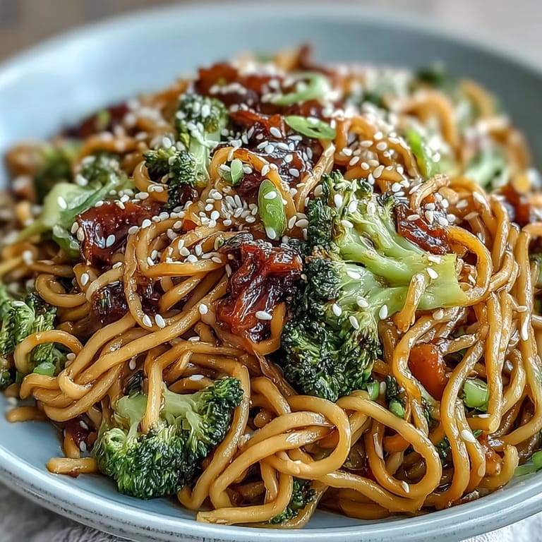Colorful Asian Teriyaki Noodle Bowl topped with fresh green onions and sesame seeds, served steaming hot in a ceramic bowl.
