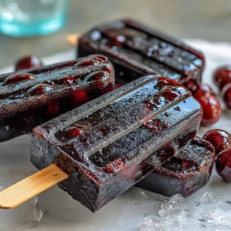 Homemade black currant popsicles on a chilled plate, garnished with mint and fresh blackcurrants, perfect for a summer treat.